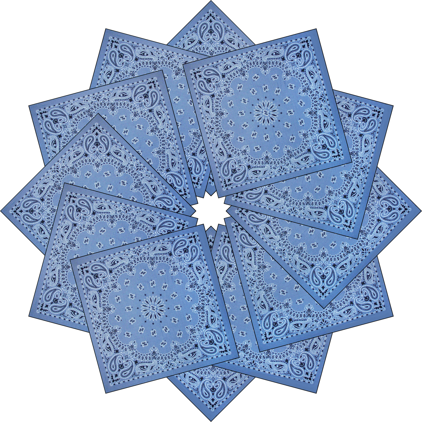 12-Pack USA Made Paisley Bandanna - CHAMBRAY BLUE displayed in a circular arrangement showcasing the paisley design.