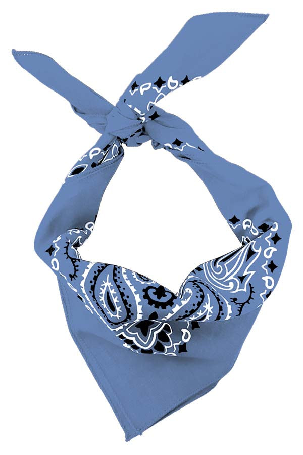4-Pack USA Made Paisley Bandanna - CHAMBRAY BLUE tied in a traditional style, showcasing its iconic paisley design.
