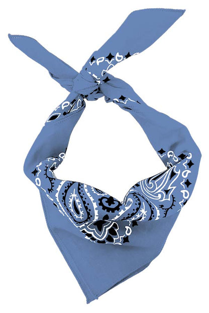 4-Pack USA Made Paisley Bandanna - CHAMBRAY BLUE tied in a traditional style, showcasing its iconic paisley design.