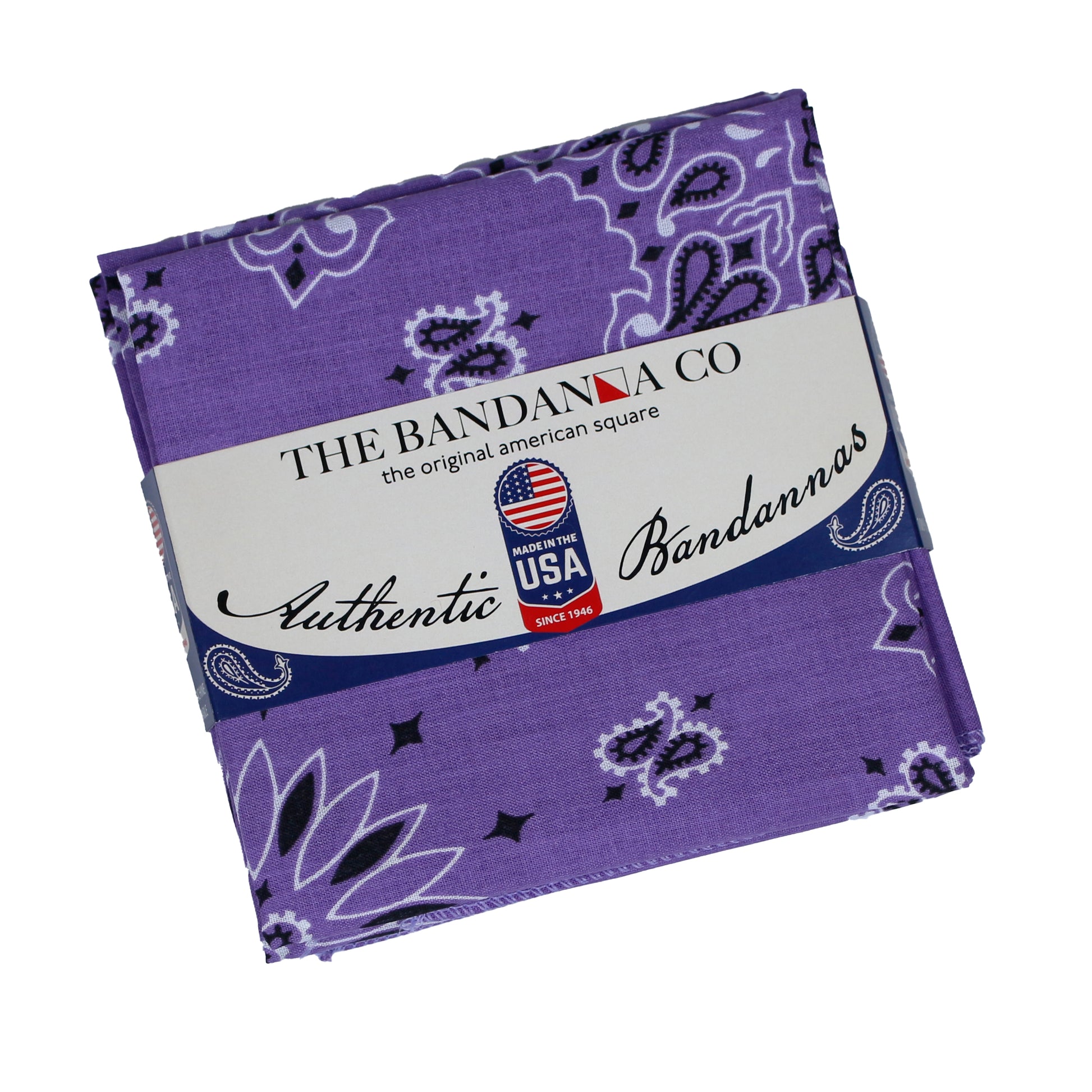 4-Pack USA Made Paisley Bandanna - PLUM, traditional plum paisley bandannas in cotton packaging from The Bandanna Co.