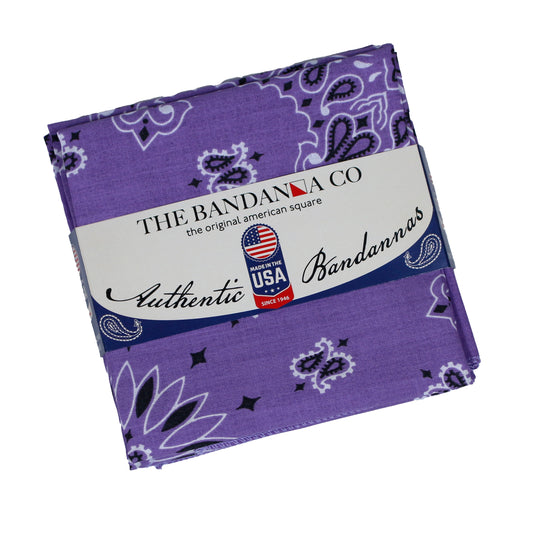 4-Pack USA Made Paisley Bandanna - PLUM, traditional plum paisley bandannas in cotton packaging from The Bandanna Co.