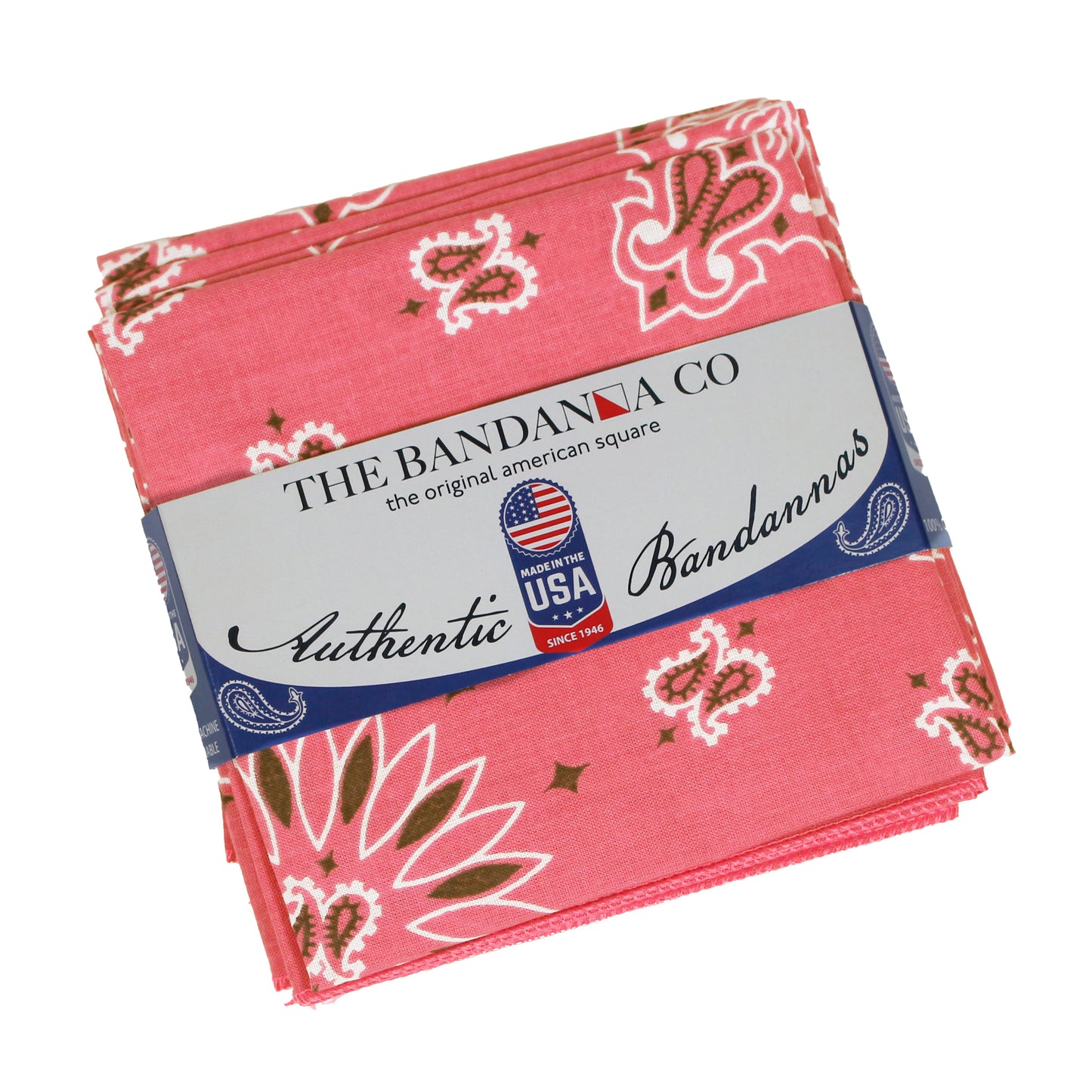 4-Pack USA Made Paisley Bandanna - HONEYSUCKLE displayed on a pink background with traditional paisley design.