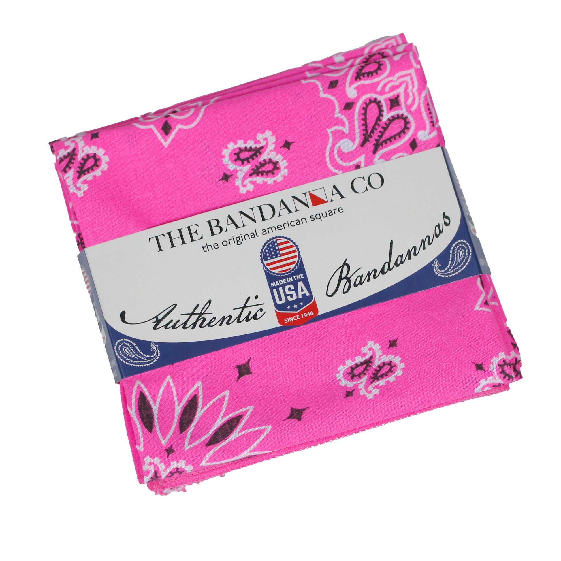 4-Pack USA Made Paisley Bandanna - HOT PINK wrapped with bandanna label, bright hot pink paisley design, made in the USA.