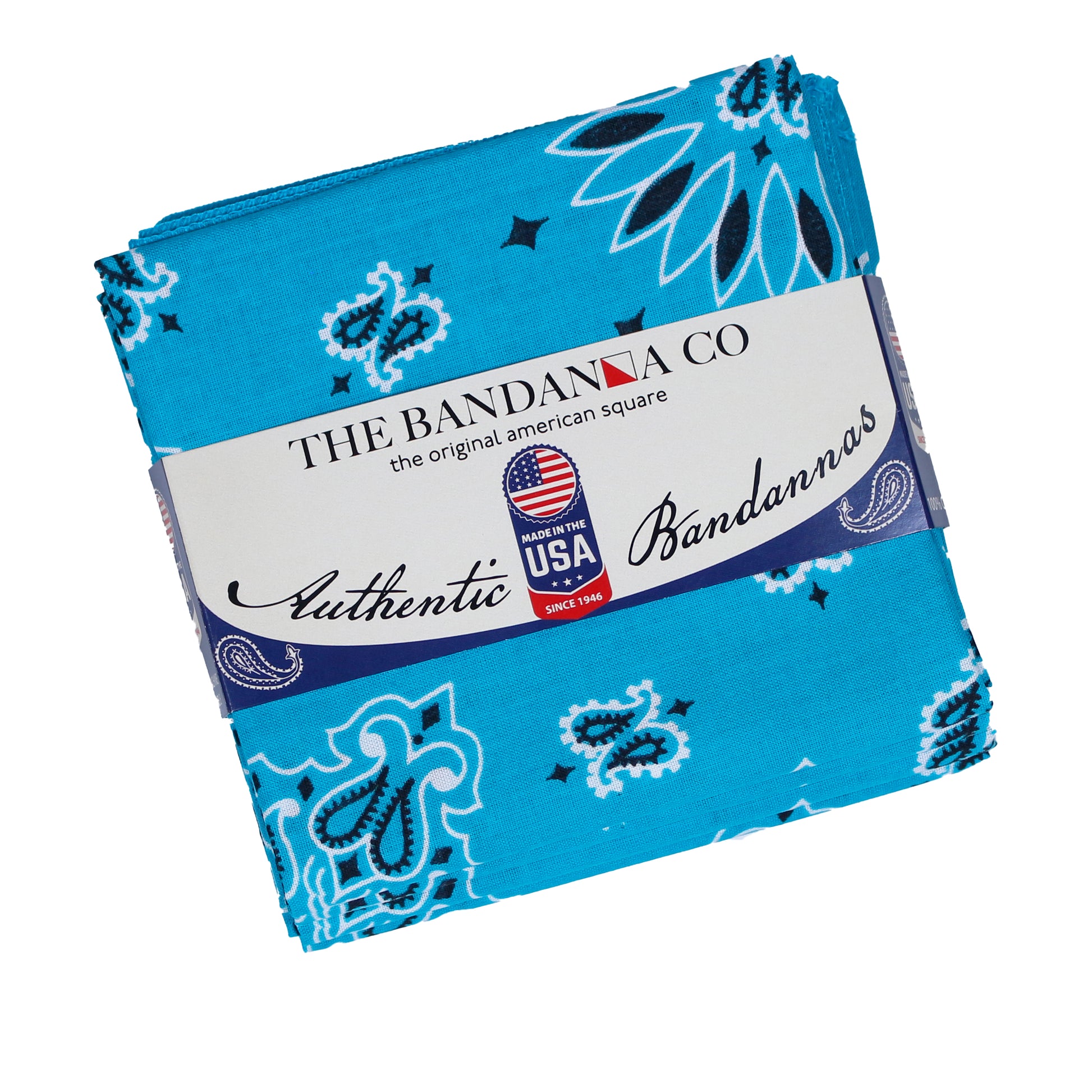 4-Pack USA Made Paisley Bandanna - MIRAGE BLUE in vibrant blue with authentic paisley design.