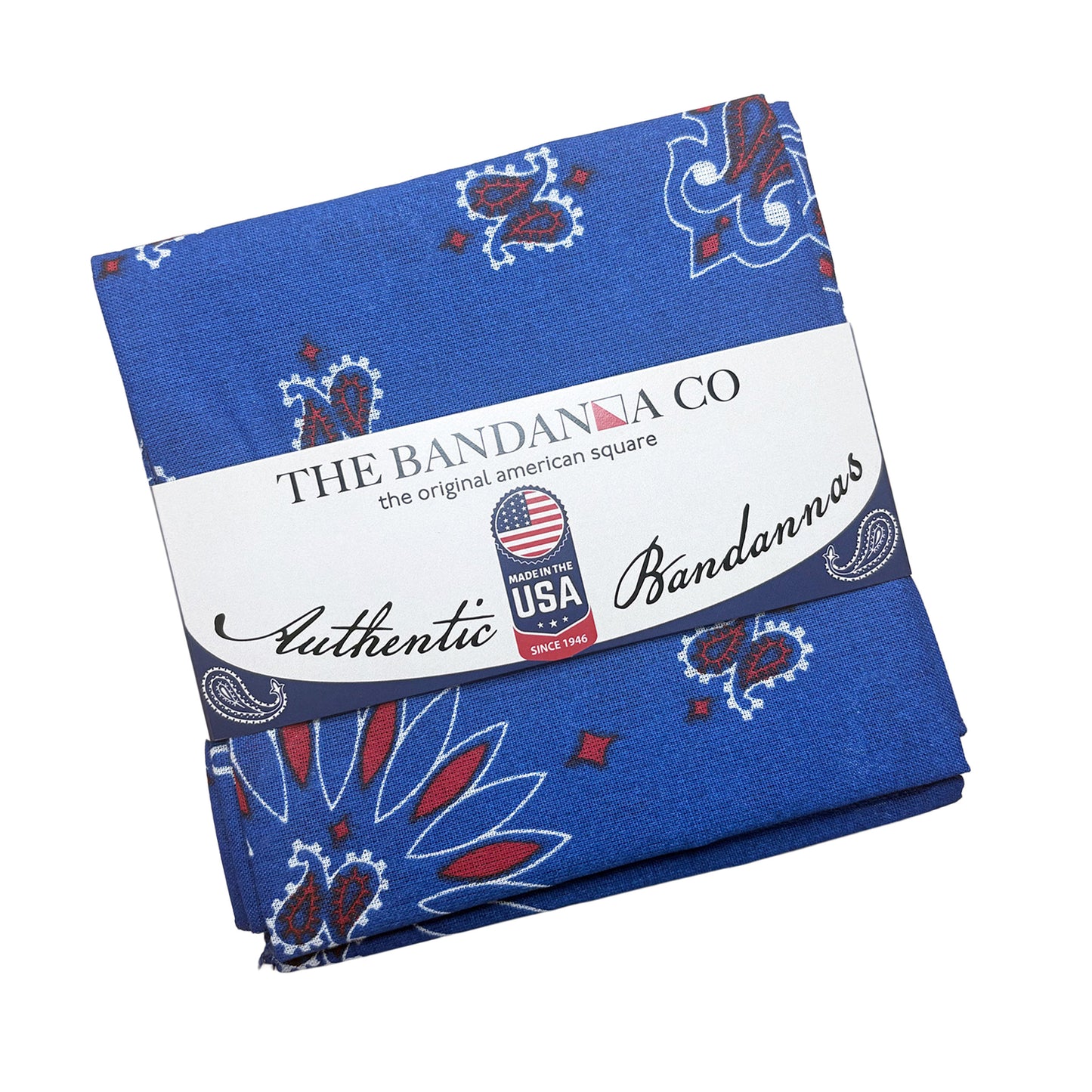 Red, White and Blue Bandanna 4 Pack – Cotton Paisley 22x22, USA made paisley design bandanna shown in packaging.