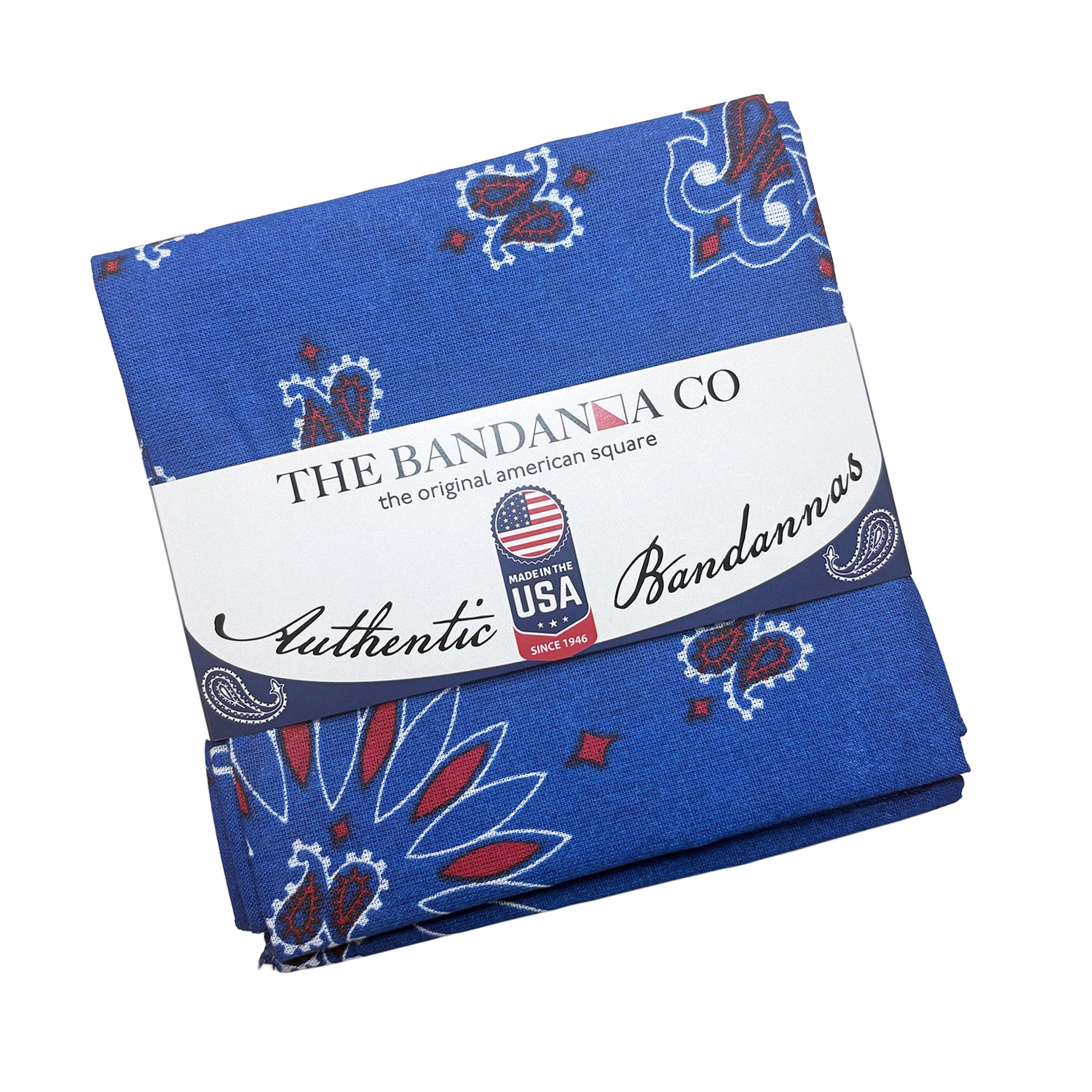 Red, White and Blue Bandanna 4 Pack – Cotton Paisley 22x22, USA made paisley design bandanna shown in packaging.