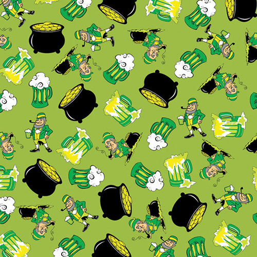 Green St. Patrick's Day pattern with leprechauns, pots of gold, and mugs of beer on a green background.
