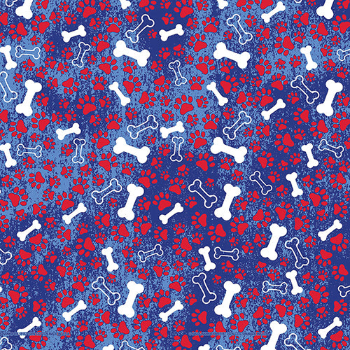 Patriotic Bones Bandanna - 4-Pack - Made In The USA with bone and paw print design, 100% cotton, 22x22 inches, blue and red pattern.