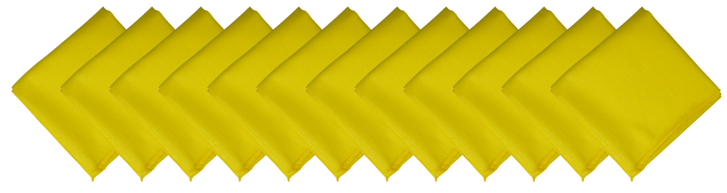 SOLID COLOR 22" BANDANNAS - 12 Pack yellow cotton bandannas displayed in a row on a white background.