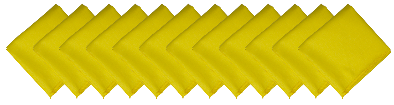 SOLID COLOR 22" BANDANNAS - 12 Pack yellow cotton bandannas displayed in a row on a white background.