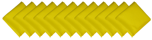 SOLID COLOR 22" BANDANNAS - 12 Pack yellow cotton bandannas displayed in a row on a white background.