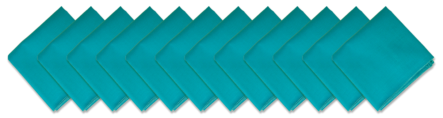 SOLID COLOR 22" BANDANNAS - 12 Pack in vibrant teal color, arranged neatly in a row.