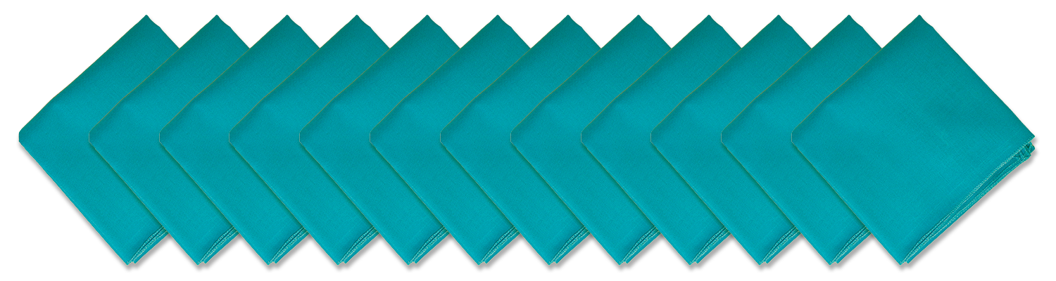 SOLID COLOR 22" BANDANNAS - 12 Pack in vibrant teal color, arranged neatly in a row.