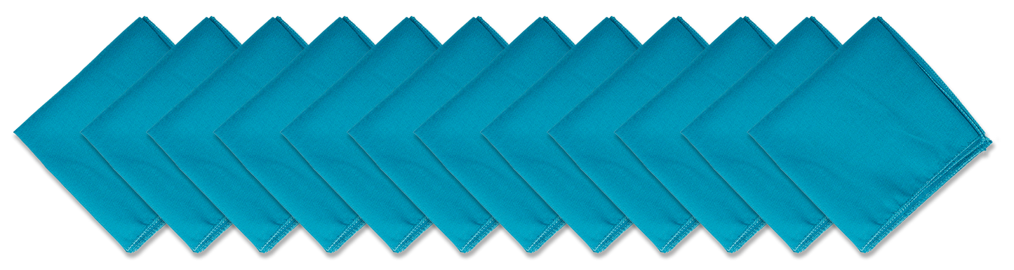 SOLID COLOR 22" BANDANNAS - 12 Pack of solid turquoise cotton bandanas arranged in a row.