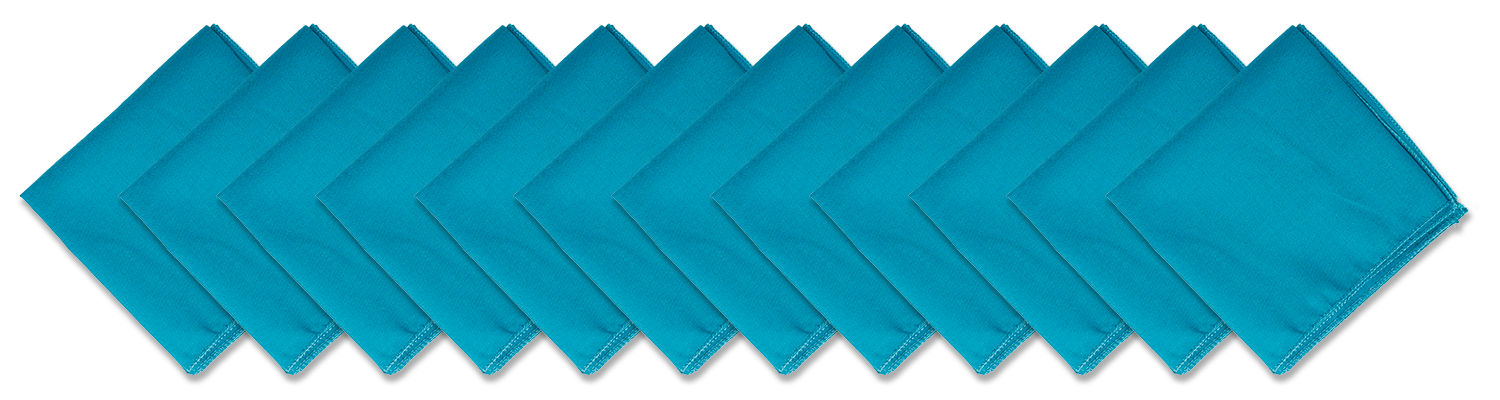 SOLID COLOR 22" BANDANNAS - 12 Pack of solid turquoise cotton bandanas arranged in a row.