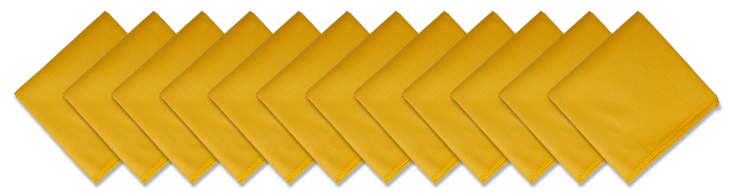 SOLID COLOR 22" BANDANNAS - 12 Pack in a vibrant yellow color, displayed in a row, perfect for customization or versatile use.