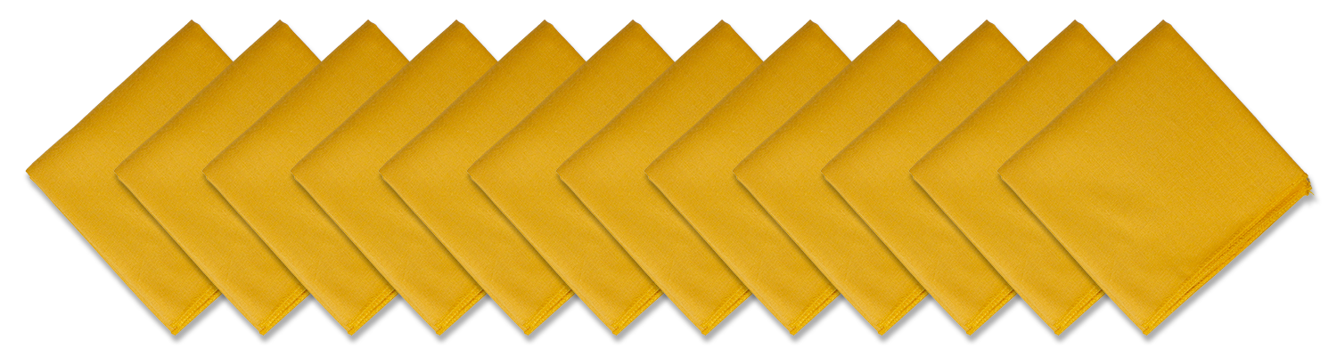 SOLID COLOR 22" BANDANNAS - 12 Pack in a vibrant yellow color, displayed in a row, perfect for customization or versatile use.