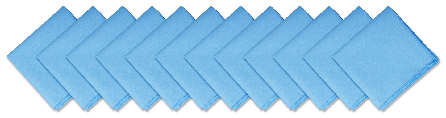 Light Blue Solid Color Bandanna 12 Pack - Cotton 22x22, large 22” x 22” square bandannas made from 100% cotton, made in the USA, blank design