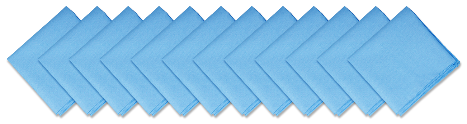 Light Blue Solid Color Bandanna 12 Pack - Cotton 22x22, large 22” x 22” square bandannas made from 100% cotton, made in the USA, blank design