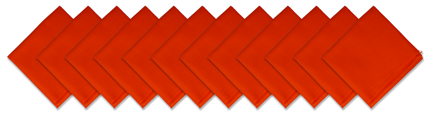 SOLID COLOR 22" BANDANNAS - 12 Pack in vibrant orange shade displayed in a row.