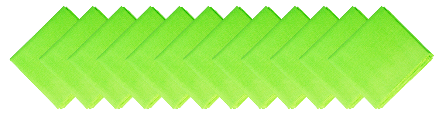 SOLID COLOR 22" BANDANNAS - 12 Pack of bright green cotton bandannas arranged in a row.
