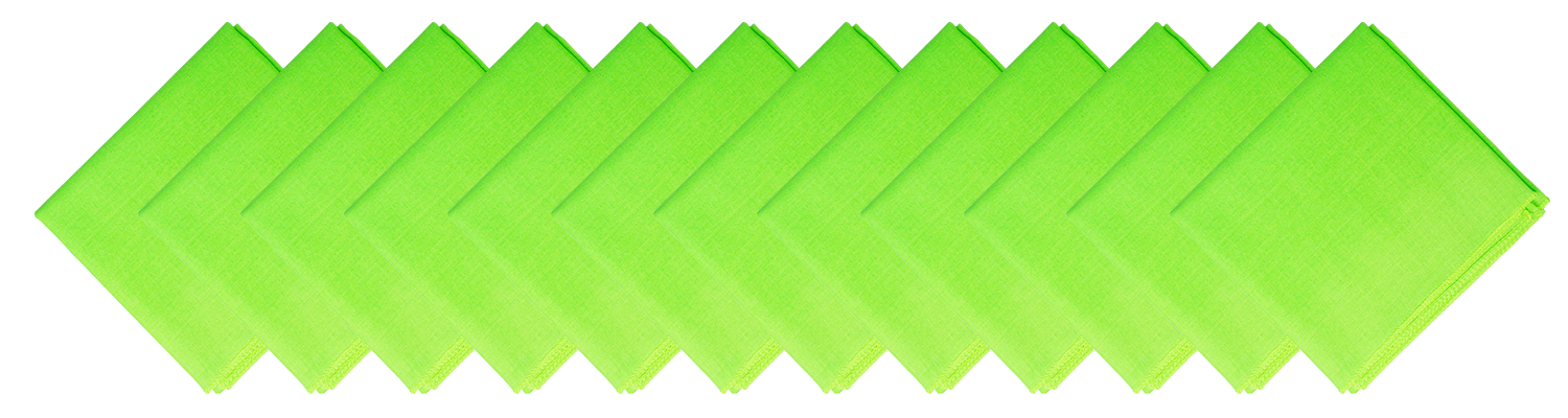 SOLID COLOR 22" BANDANNAS - 12 Pack of bright green cotton bandannas arranged in a row.