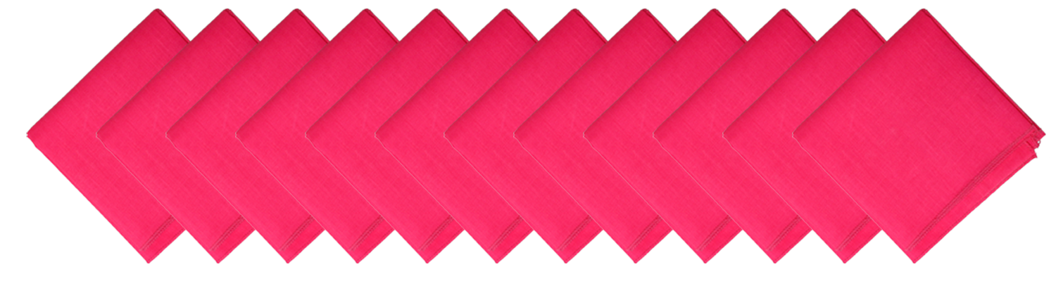 SOLID COLOR 22" BANDANNAS - 12 Pack in vibrant pink color, showcasing large cotton bandannas arranged neatly.