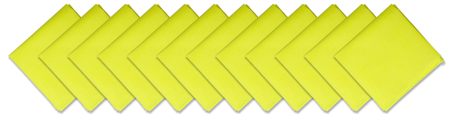 SOLID COLOR 22" BANDANNAS - 12 Pack featuring vibrant yellow cotton bandanas arranged in a row.