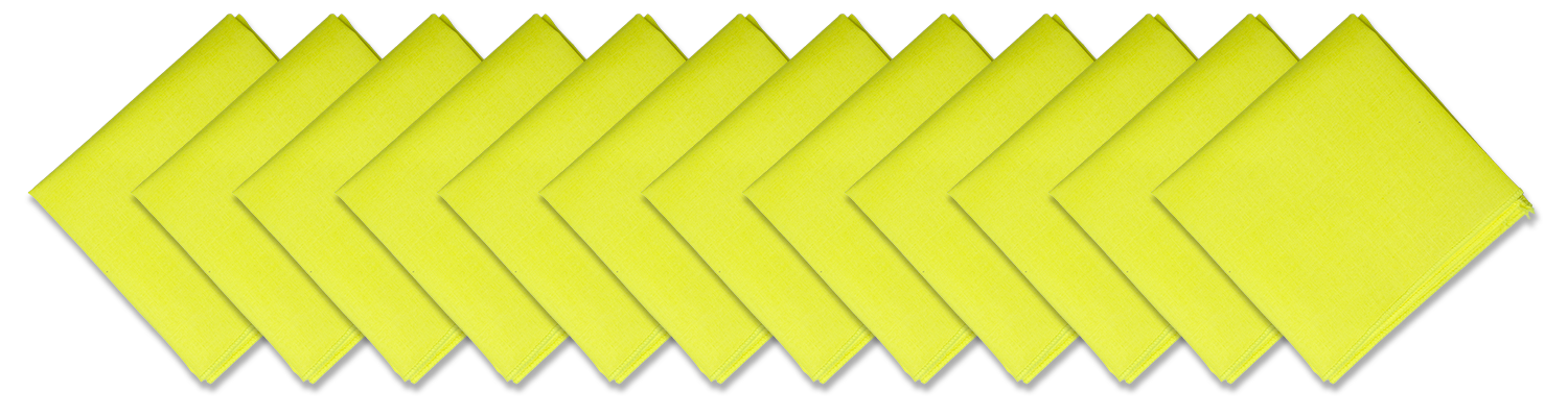 SOLID COLOR 22" BANDANNAS - 12 Pack featuring vibrant yellow cotton bandanas arranged in a row.