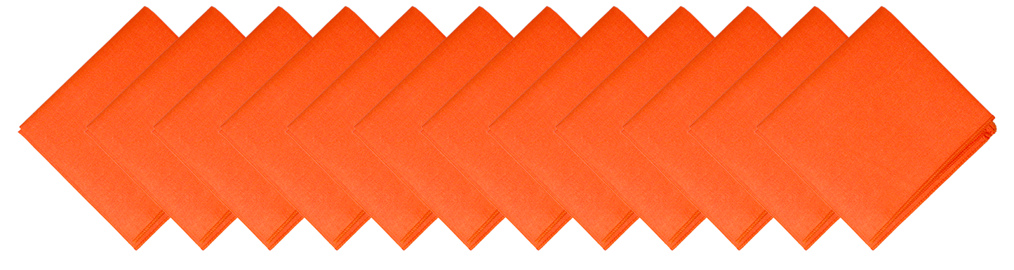 SOLID COLOR 22" BANDANNAS - 12 Pack in vibrant orange color, showcasing large cotton bandanas neatly arranged.
