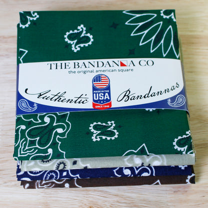 Birchwood Bandanna Assortment 4-Pack - Made In The USA displayed with authentic designs and a label showcasing USA production.