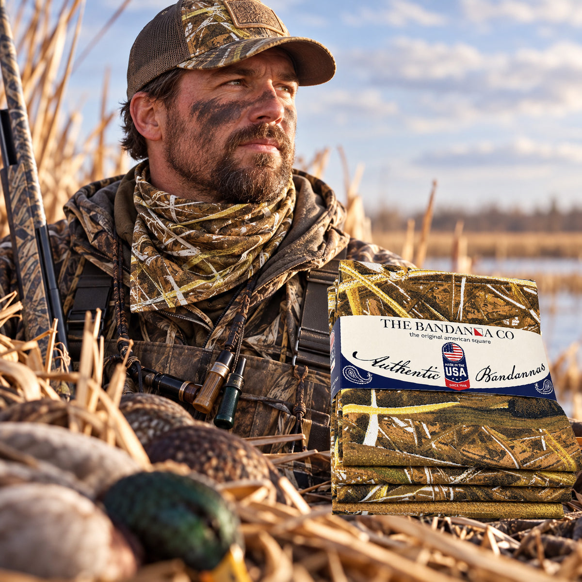 Duck hunter in march wearing a Blind Site camouflage bandana around his neck - 4-pack of bandannas in foreground