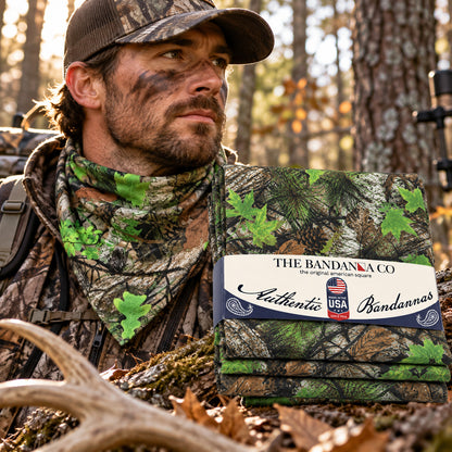Hunter in woods wearing Buck County camouflage bandanna around his neck - 4-pack of bandannas in foreground