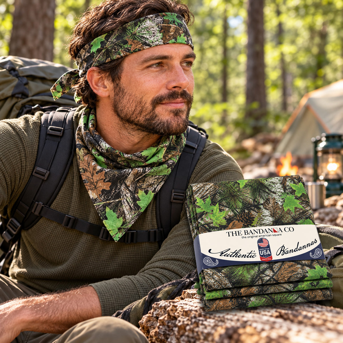 Hunter in woods wearing Buck County camouflage bandanna around his neck and head - 4-pack of bandannas in foreground