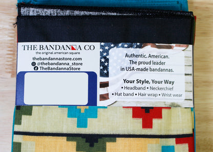 Desert Jewel Bandanna Assortment 4-Pack - Made In The USA showcasing colorful designs and tags detailing their authentic, American craftsmanship.