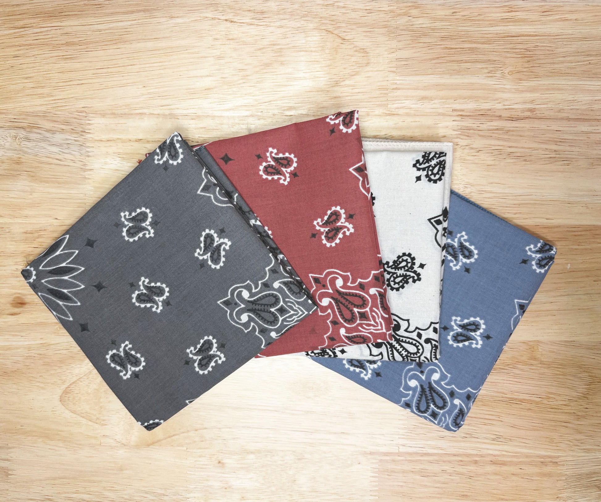 Heritage Bandanna Assortment - 4-Pack - Made In The USA featuring Paisley Charcoal, Terracotta, Contemporary Natural, Chambray designs.