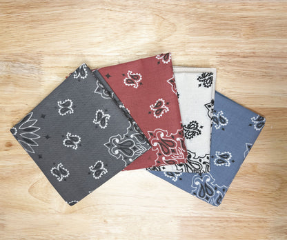 Heritage Bandanna Assortment - 4-Pack - Made In The USA featuring Paisley Charcoal, Terracotta, Contemporary Natural, Chambray designs.