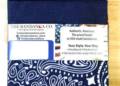 Heartland Bandanna Assortment - Made In The USA packaging with blue and white paisley design and branding information.