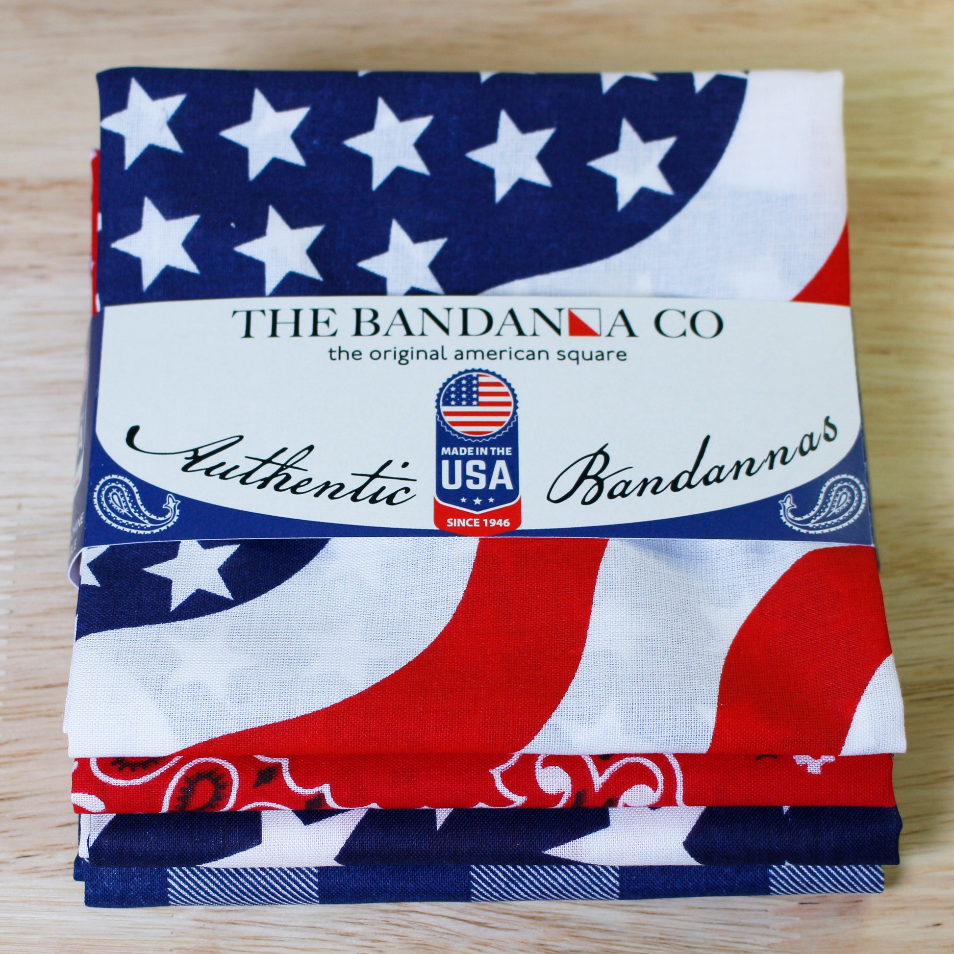Independence Bandanna Assortment 4-Pack - Made In The USA displayed with patriotic design and bandanna packaging.