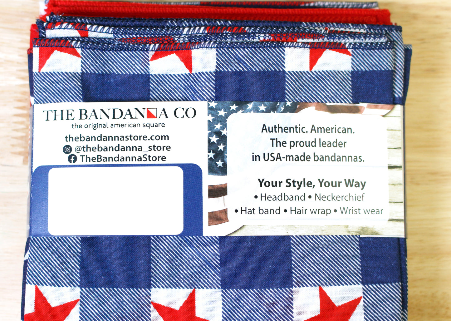 Independence Bandanna Assortment 4-Pack - Made In The USA displayed with tag highlighting features and authenticity.