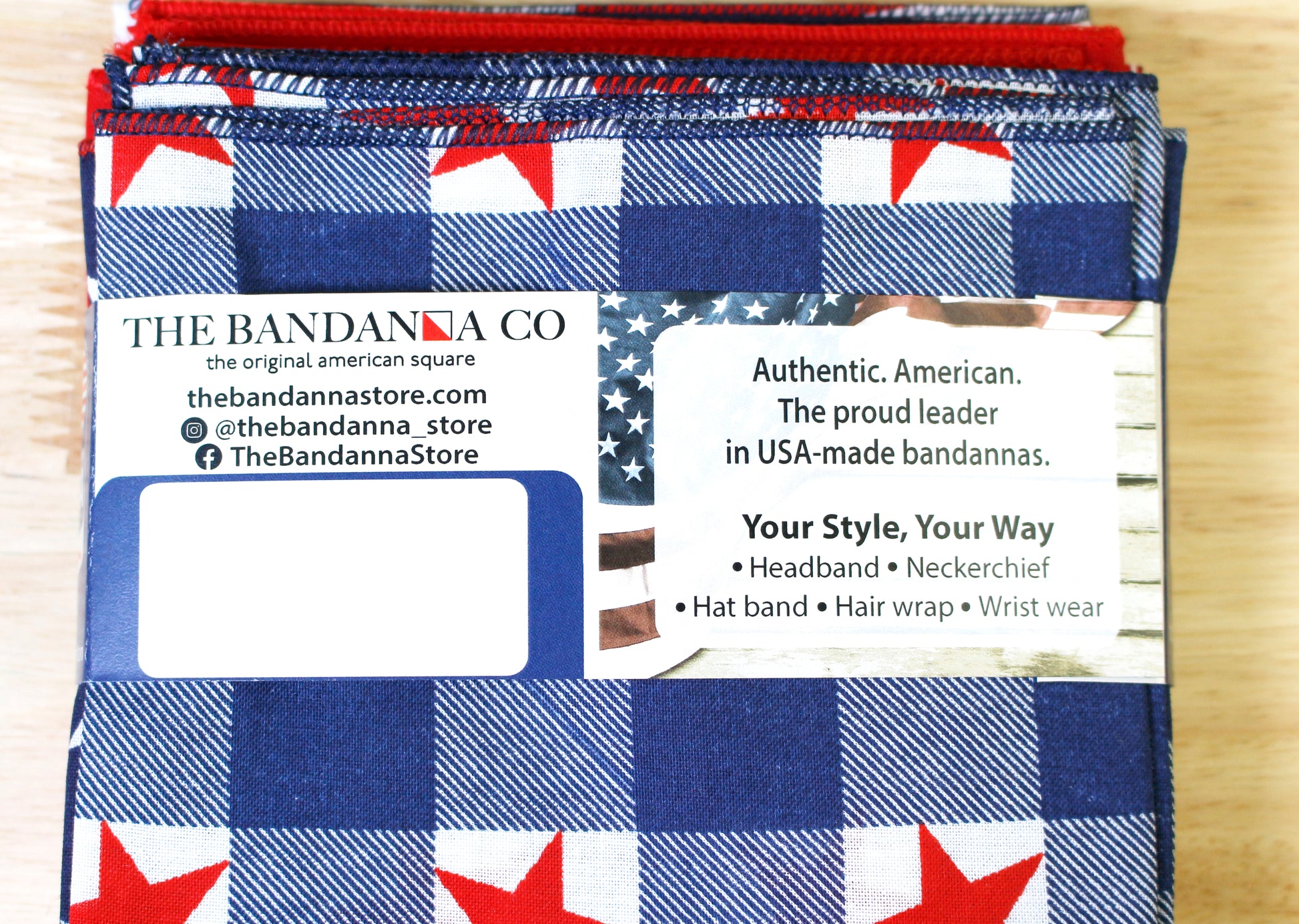 Independence Bandanna Assortment 4-Pack - Made In The USA displayed with tag highlighting features and authenticity.