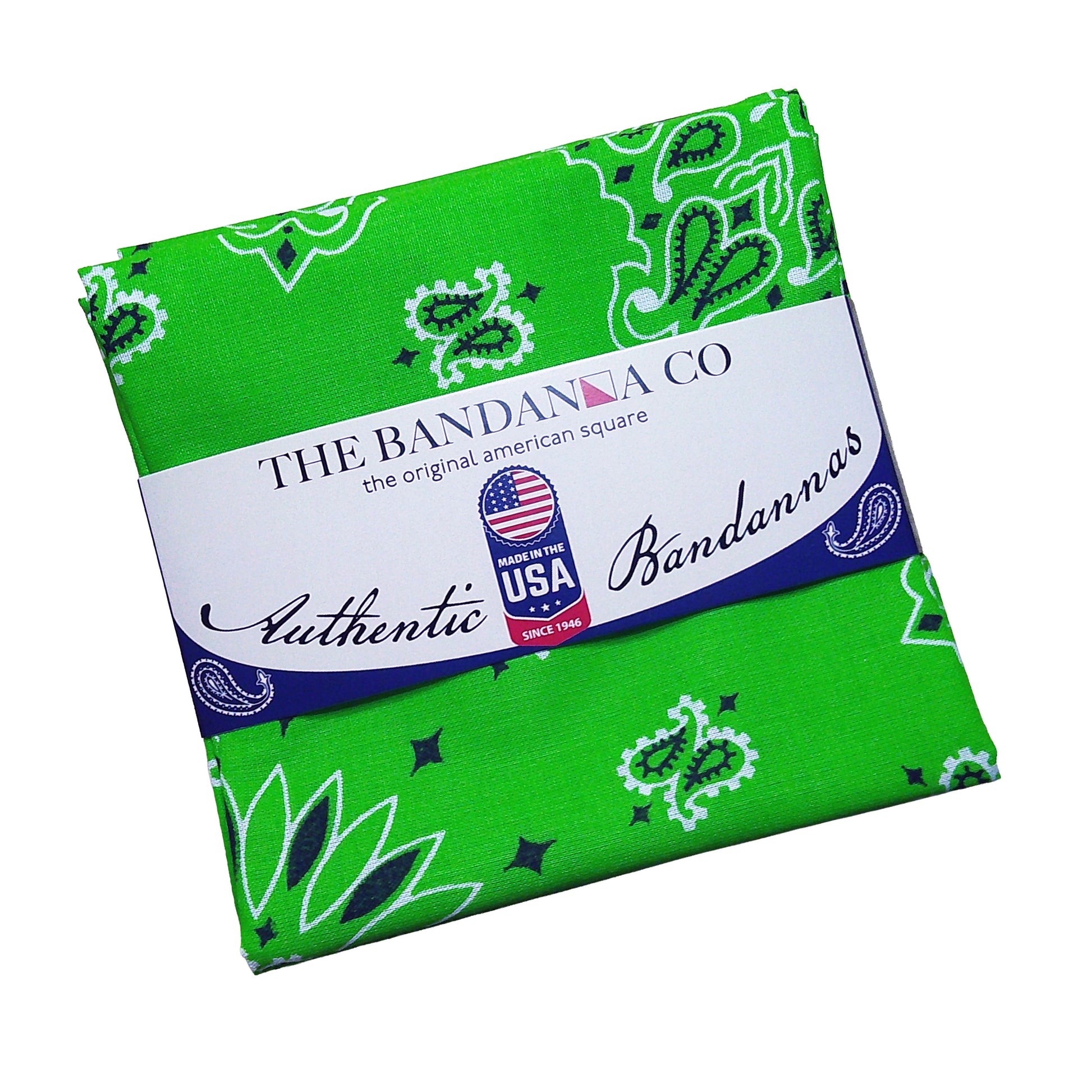 Lime Green Paisley Bandanna 4 Pack - Cotton 22x22 with authentic USA made design and vibrant green paisley pattern.