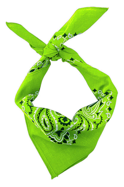 Lime Green Paisley Bandanna 4 Pack - Cotton 22x22, traditional USA made, 100% cotton, iconic paisley design, single-sided print.