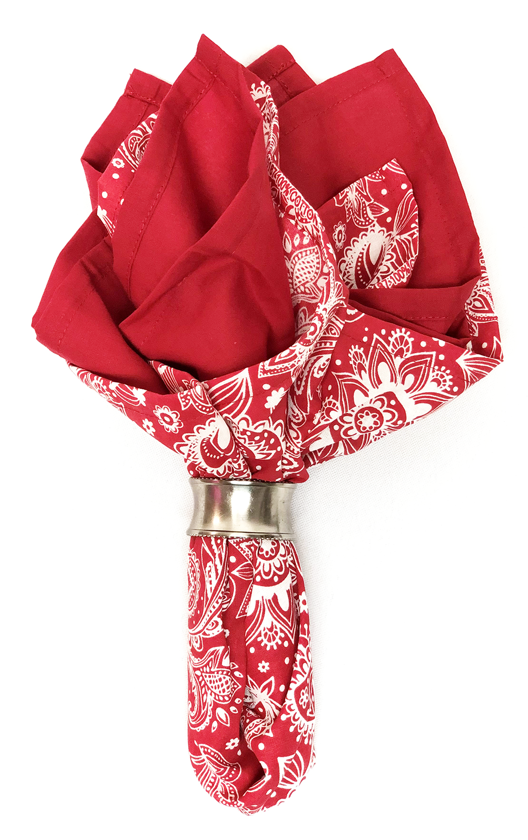 Red Solid Color Bandanna 4 Pack - Cotton 22x22 rolled with ornate metal holder, showcasing the vibrant textile pattern.