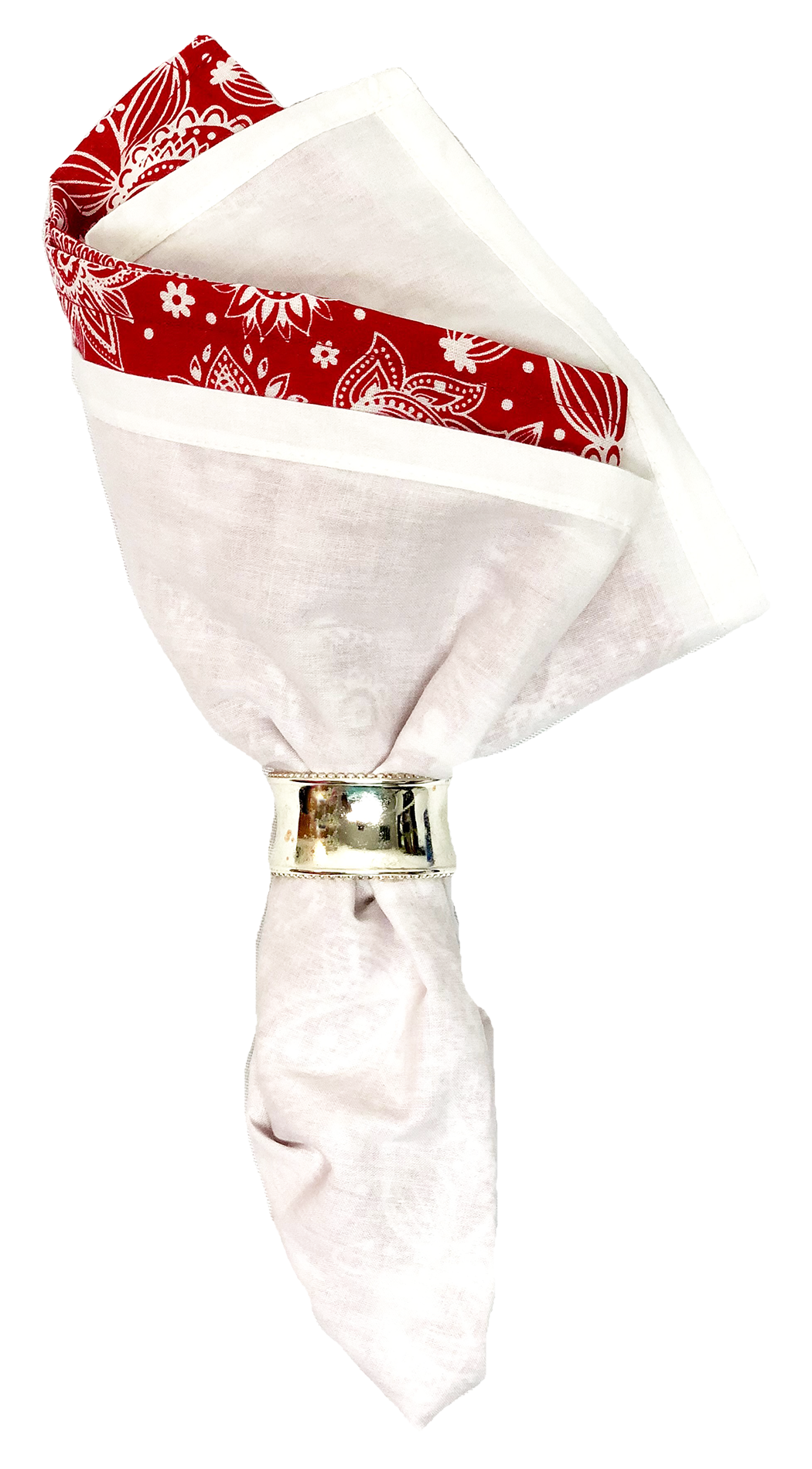 Red and white bandanna folded with a silver ring