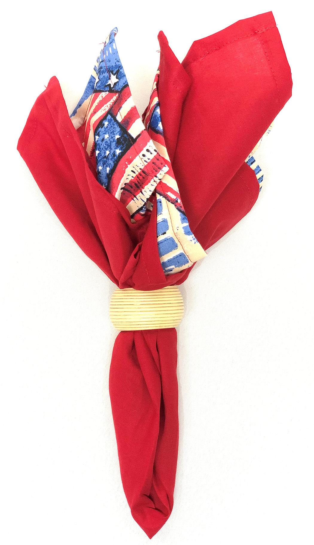 Red Solid Color Bandanna 4 Pack - Cotton 22x22 tied as a decorative napkin holder with additional fabric.
