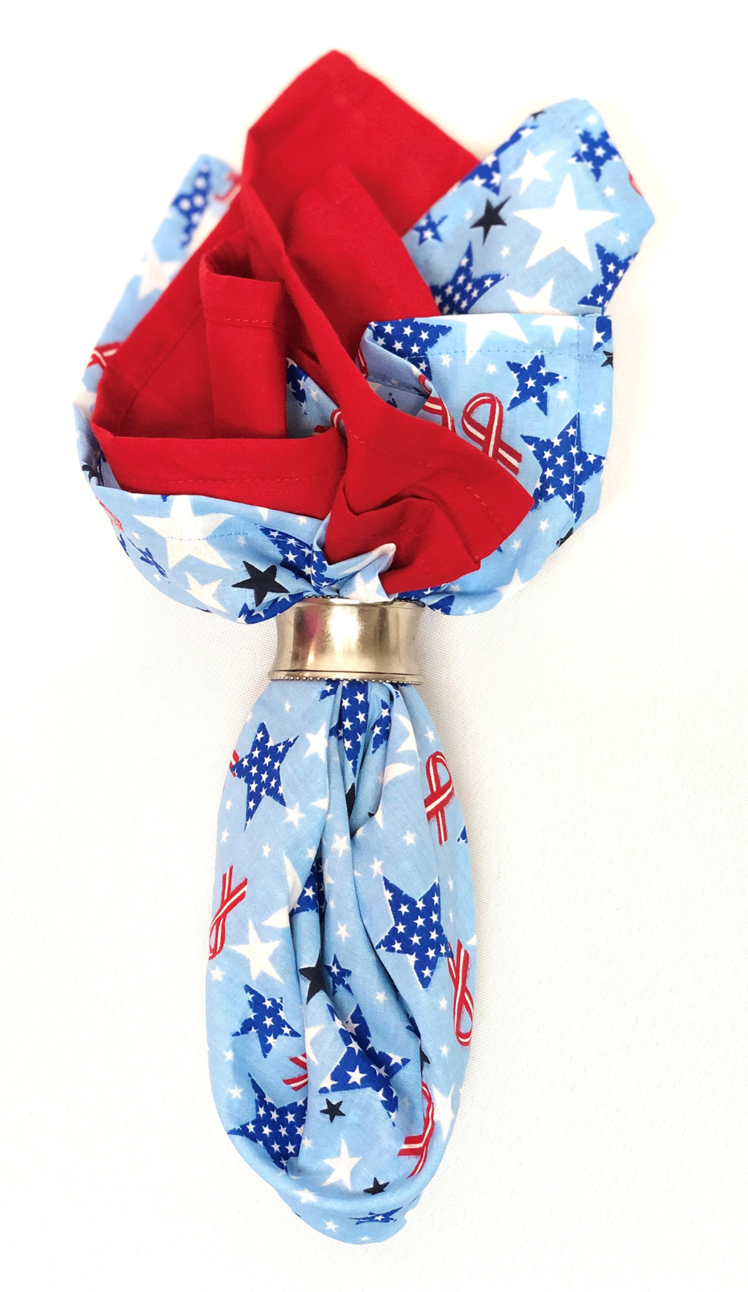 Patriotic themed napkin holder with red, white, and blue star-patterned cloth