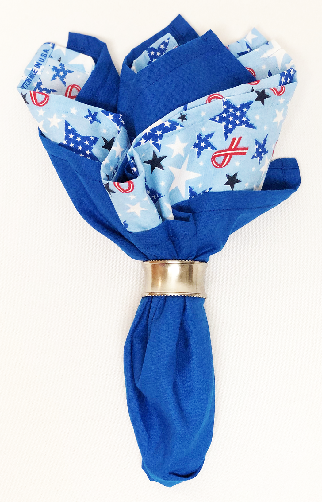 Royal Blue Solid Color Bandanna 4 Pack - Cotton 22x22 displayed with patriotic star design
