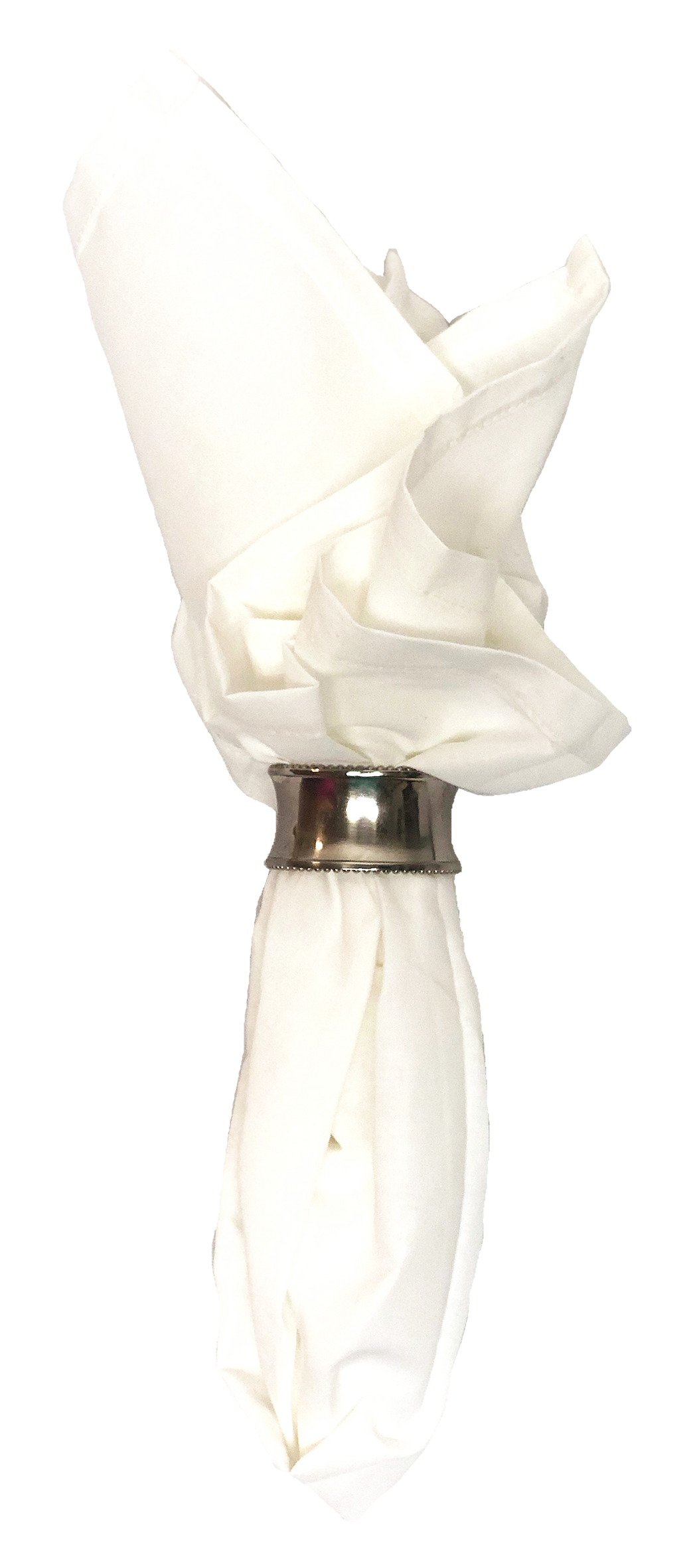 White napkin folded over silver ring, isolated on white background.