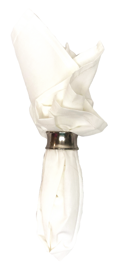 White napkin folded over silver ring, isolated on white background.